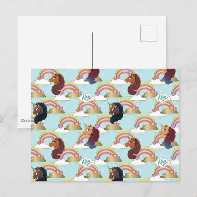 Afro Unicorn Rainbow och Hearts Mönster Vykort (Fram/baksida)