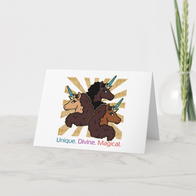 Afro Unicorn Trio: Unik, gudomlig och magisk Kort (Framsida)