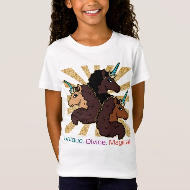Afro Unicorn Trio: Unik, gudomlig och magisk T Shirt (Framsida)
