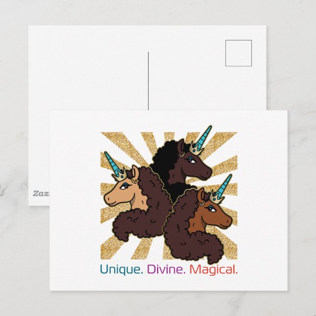 Afro Unicorn Trio: Unik, gudomlig och magisk Vykort (Fram/baksida)