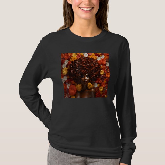 Afro Woman Floral Black Queen Puff Melanin Autumn  T Shirt (Framsida)