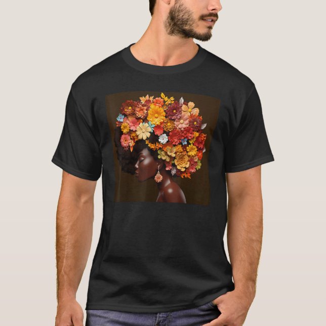 Afro Woman Floral Black Queen Puff Melanin Magic F T Shirt (Framsida)