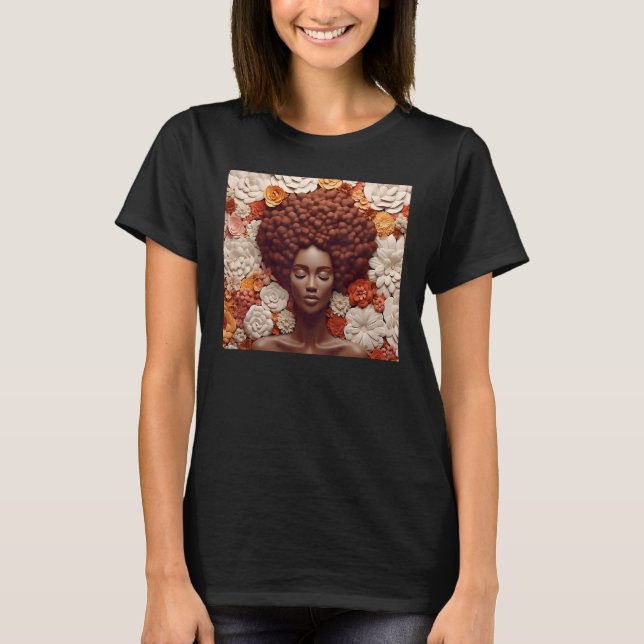 Afro Woman Floral Black Queen Puff Melanin Orange  T Shirt (Framsida)