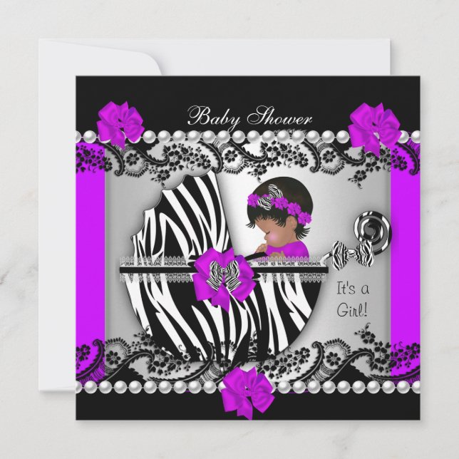 Afroamerikansk Baby Shower Baby Flicka Zebra Inbjudningar (Framsida)