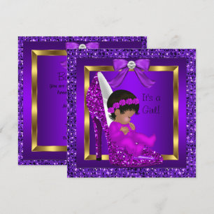 Afroamerikansk Baby Shower Flicka Lila Glitter Inbjudningar