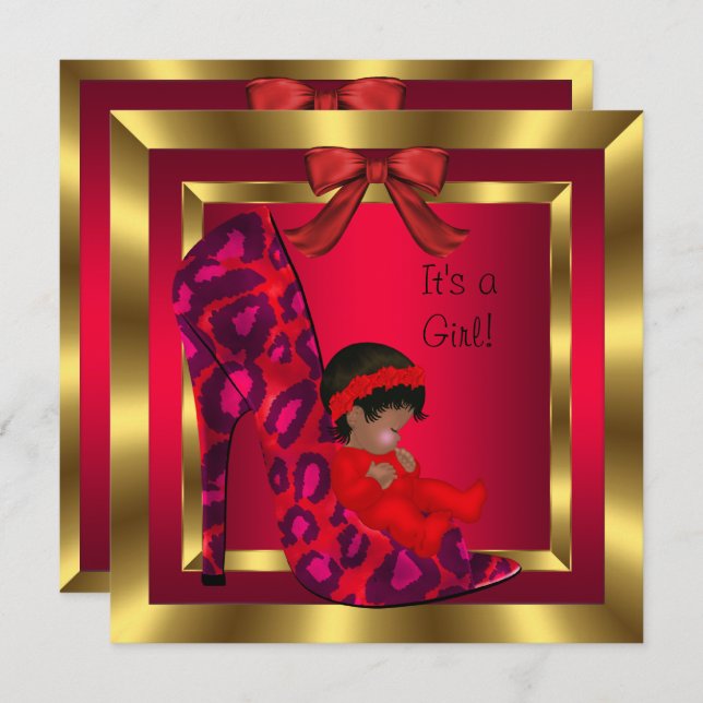 Afroamerikansk Baby Shower Flicka Röd sko Guld Inbjudningar (Fram/baksida)