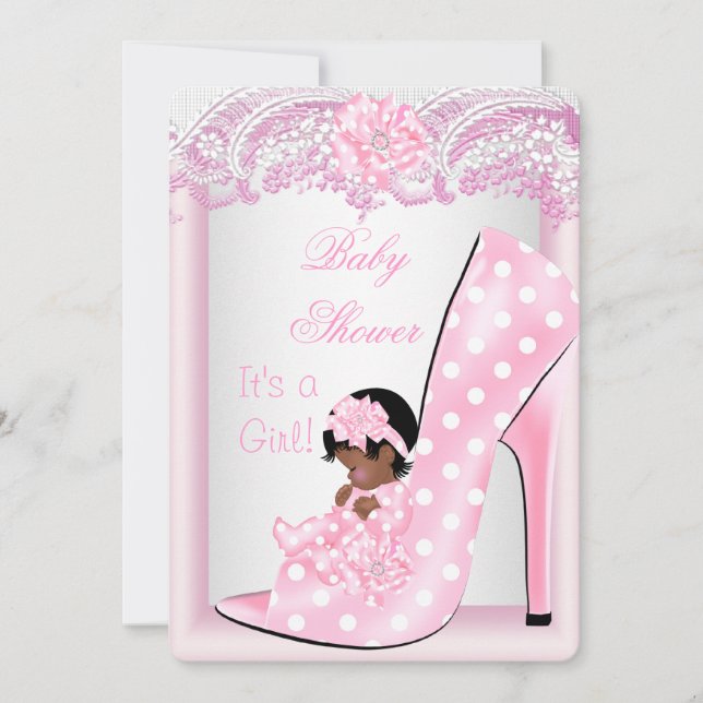 Afroamerikansk Baby Shower Flicka Rosa Babysko Inbjudningar (Framsida)