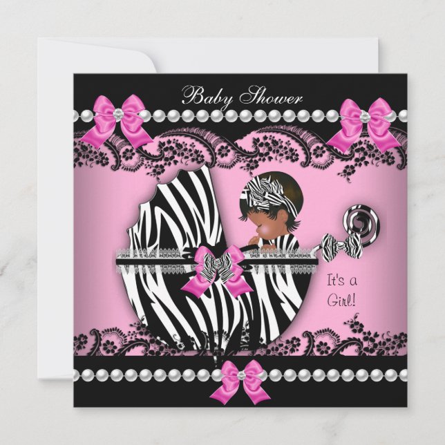 Afroamerikansk Baby Shower Flicka Rosa Zebra Inbjudningar (Framsida)