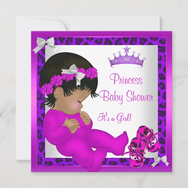 Afroamerikansk baby shower lila rosa leopard 3 inbjudningar (Framsida)