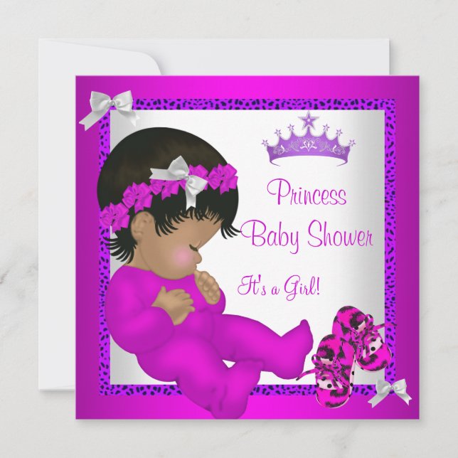 Afroamerikansk babyfest lila rosa leopard inbjudningar (Framsida)