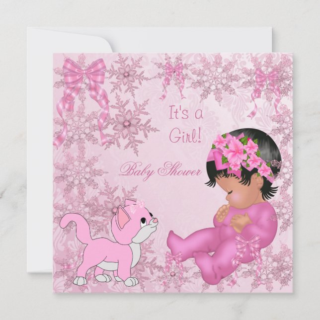 Afroamerikansk Babyfirande Flick Kitten Rosa Inbjudningar (Framsida)