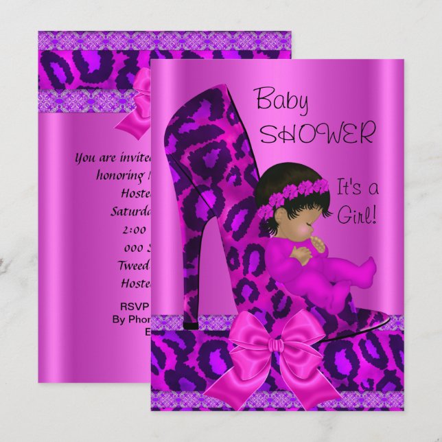 Afroamerikansk babyfirande flicka rosa leopard inbjudningar (Fram/baksida)