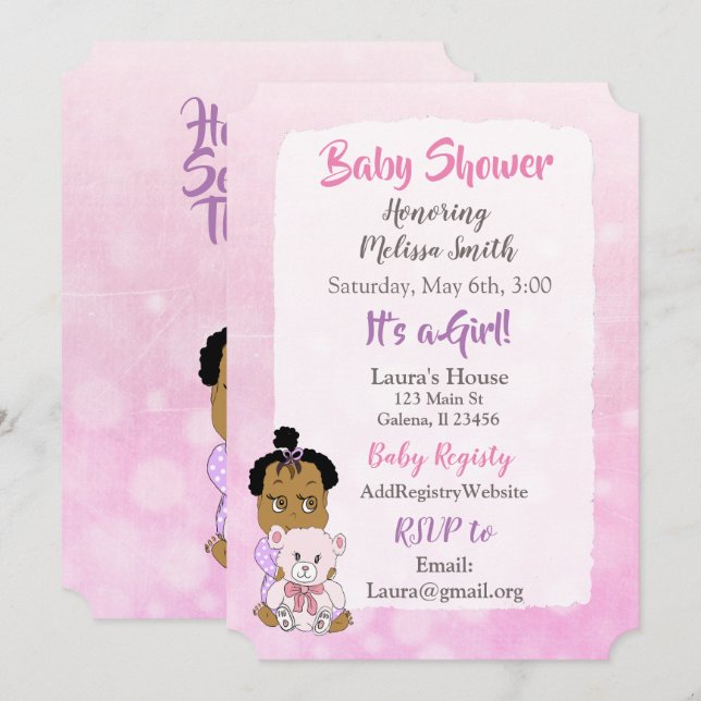 Afroamerikansk Babyflicka Baby Shower Inbjudningar (Fram/baksida)