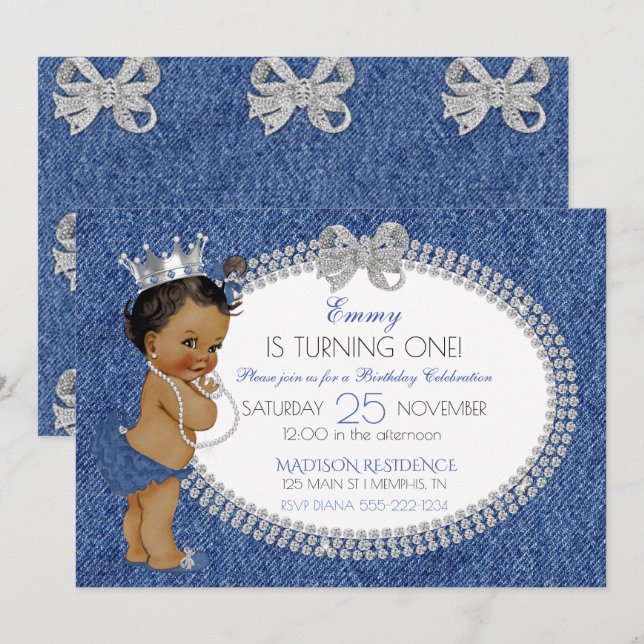 Afroamerikansk Babyflicka Denim & Diamonds Bågar Inbjudningar (Fram/baksida)