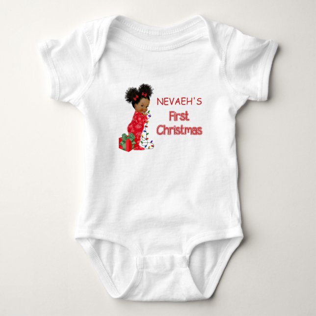 Afroamerikansk Babyflicka Första Jul T-Shirt (Framsida)