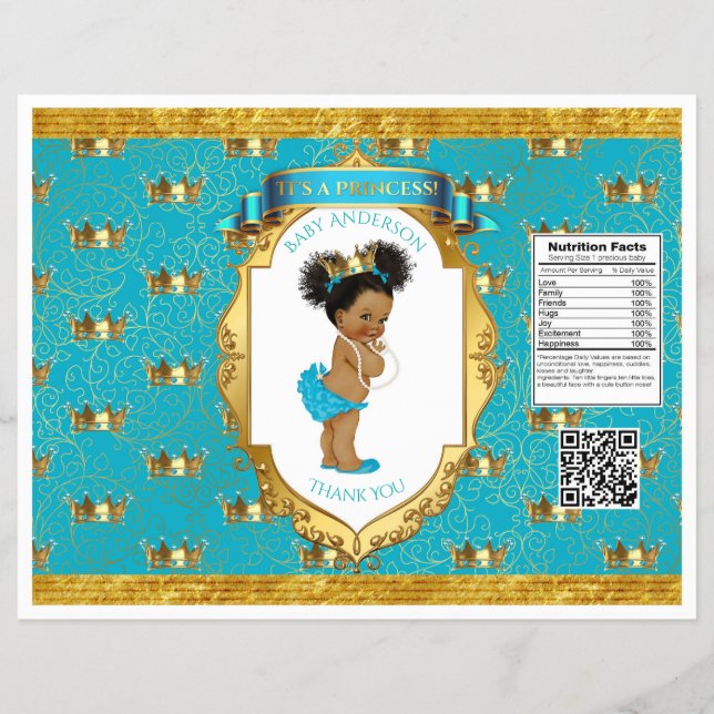 Afroamerikansk Babyflicka Teal Guld Chipspåse Reklamblad (Framsidan)