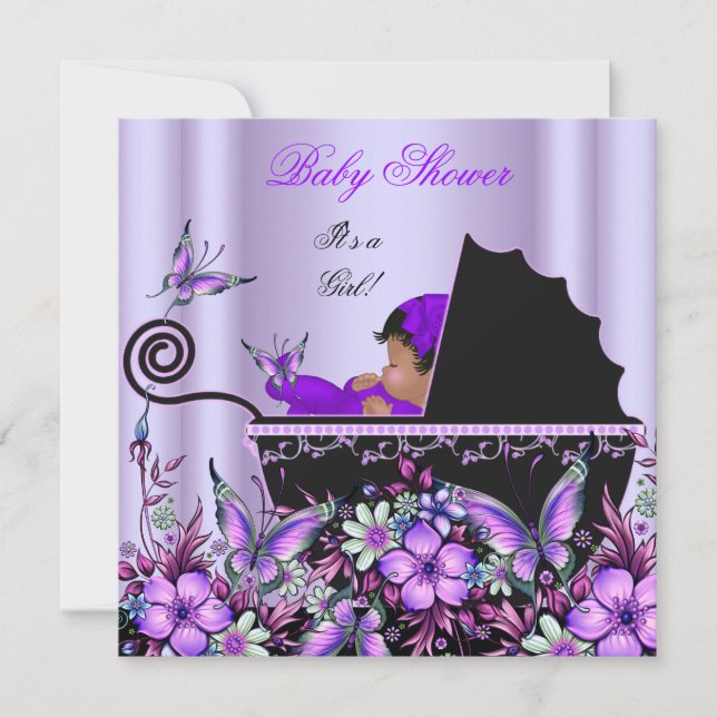 Afroamerikansk Bebis Baby Shower Flicka Lila Inbjudningar (Framsida)