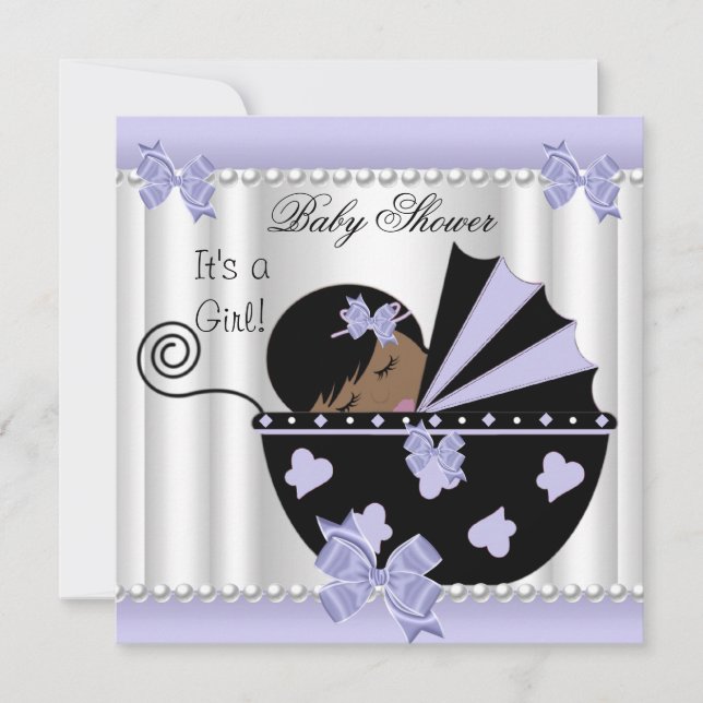 Afroamerikansk Bebis Baby Shower Flicka Lila Vit Inbjudningar (Framsida)