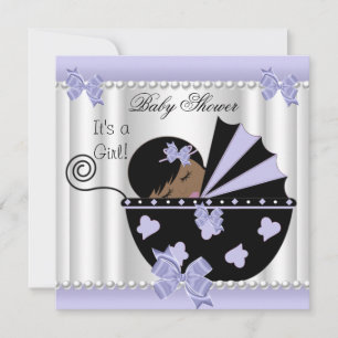 Afroamerikansk Bebis Baby Shower Flicka Lila Vit Inbjudningar