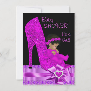 Afroamerikansk Bebis Baby Shower Flicka Rosa Lila Inbjudningar