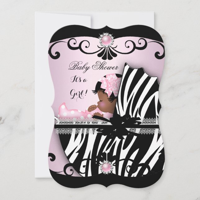 Afroamerikansk Bebis Baby Shower Flicka Rosa Zebra Inbjudningar (Framsida)
