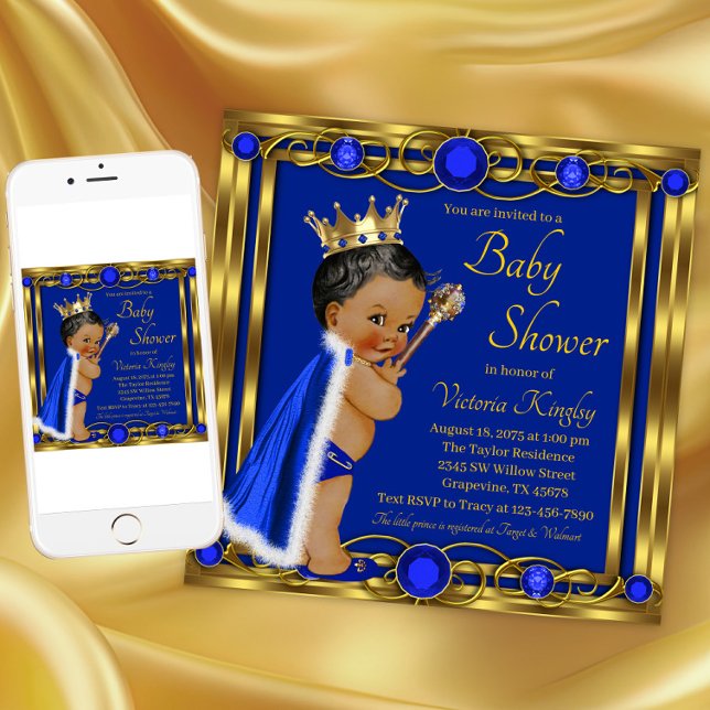 Afroamerikansk Blå Guld Prins Bebis Shower Inbjudningar (Blue gold prince baby shower invitation. Instant download and printed invitations available.)