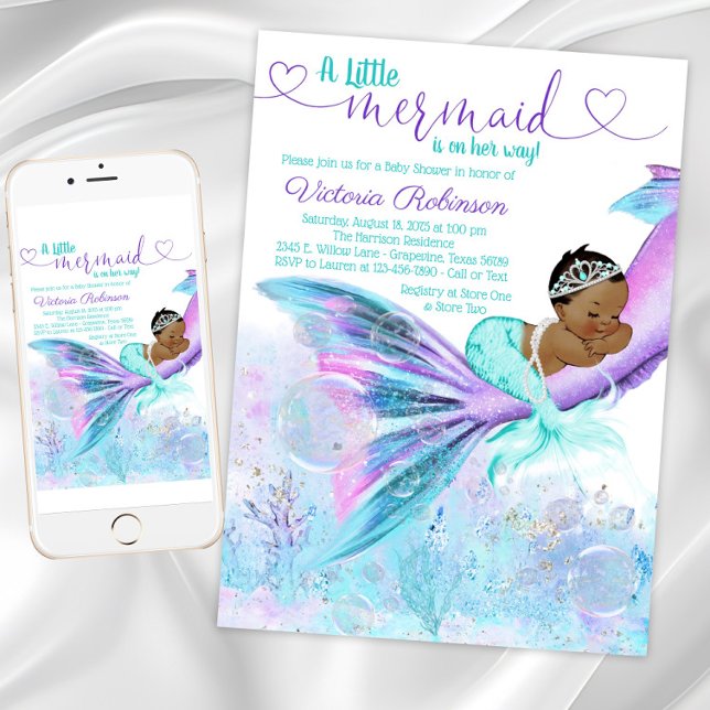 Afroamerikansk etniskt sjöjungfru-babyshower inbjudningar (African American Mermaid Baby Shower Invitation. Instant download and printed invitations available.)