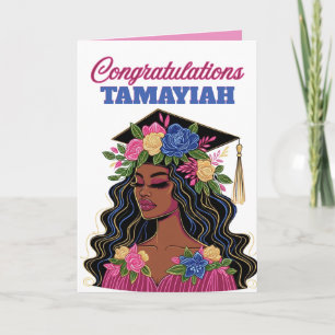 Afroamerikansk examenflicka med blomsterkrans kort