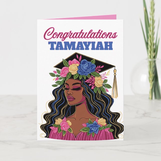 Afroamerikansk examenflicka med blomsterkrans kort (Framsida)