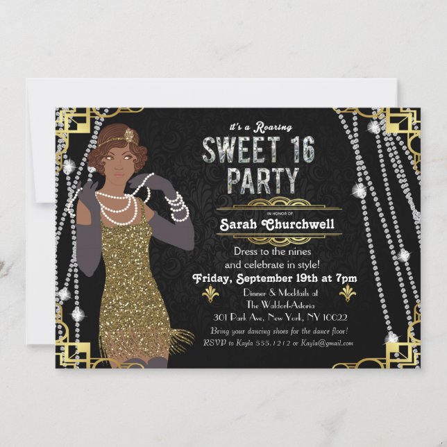 Afroamerikansk Flapper Sweet 16-inbjudan Inbjudningar (Framsida)