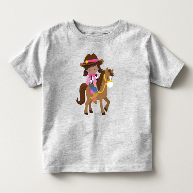 Afroamerikansk flicka, cowgirl, sheriff, häst t shirt (Framsida)