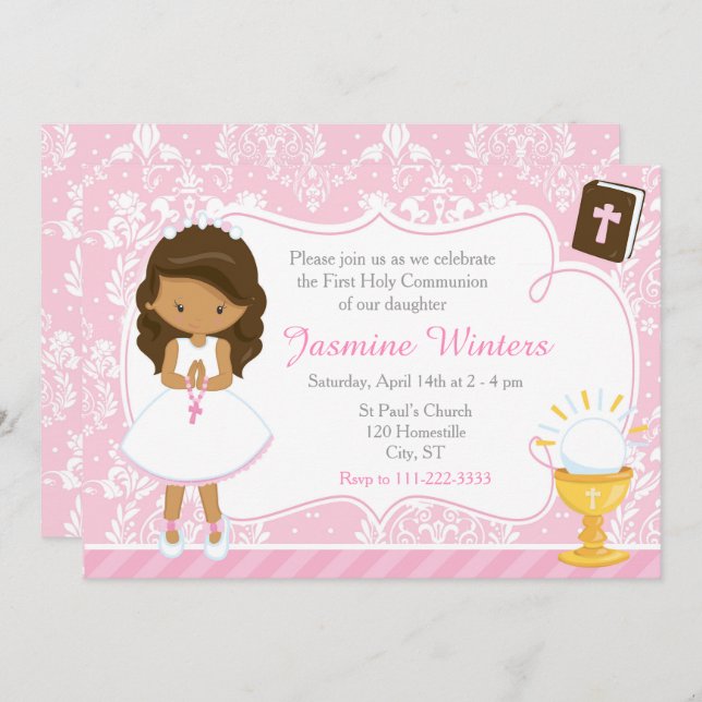 Afroamerikansk flicka första kommunion Damast Inbjudningar (Fram/baksida)