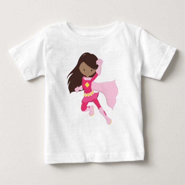 Afroamerikansk flicka, superhjälteflicka, rosa cap t shirt (Framsida)