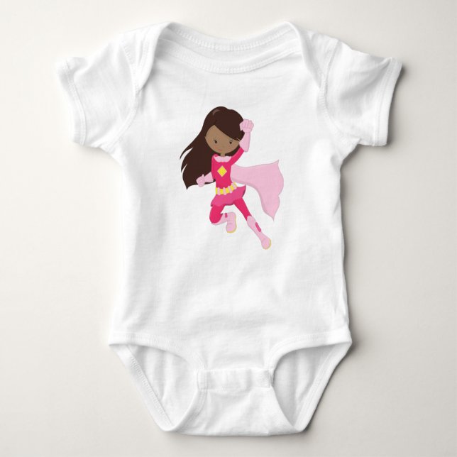 Afroamerikansk flicka, superhjälteflicka, rosa kap t shirt (Framsida)