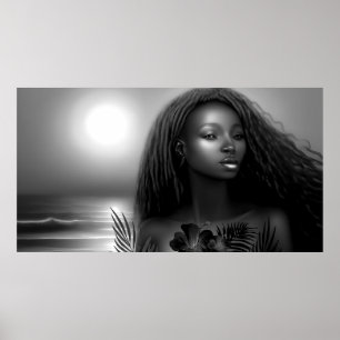 Afroamerikansk kvinna månljust strand Monokrom Poster