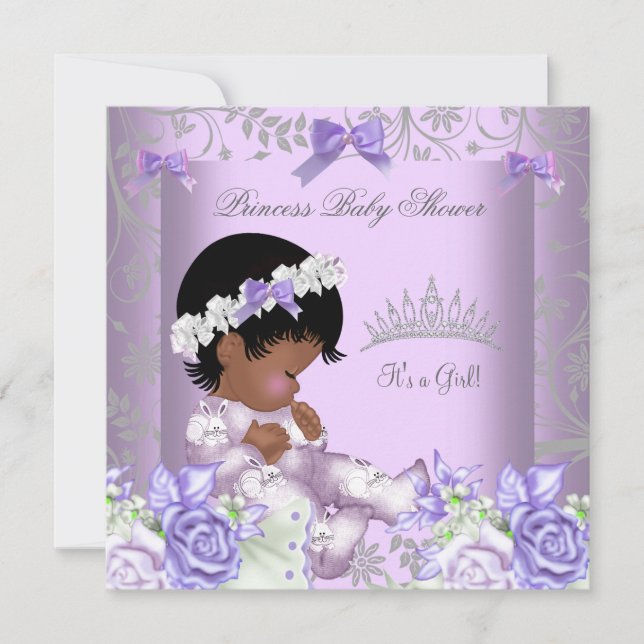 Afroamerikansk lila grå baby shower flicka inbjudningar (Framsida)