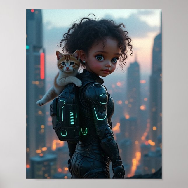 afroamerikansk liten flicka med hennes kattunge poster (Framsidan)