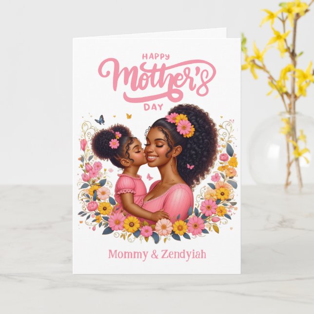 Afroamerikansk mamma och dotter Glad mors dag Kort (Gul blomma)