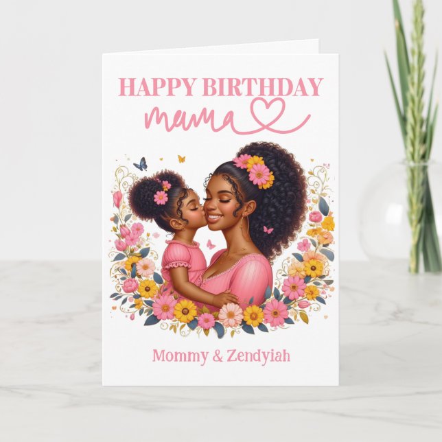 Afroamerikansk mamma och dotter rosa födelsedag kort (Framsida)