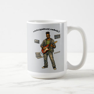 Afroamerikansk mjukvaruingenjör gitarrspelare kaffemugg