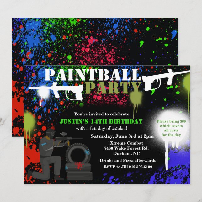 Afroamerikansk paintball-födelsedagsinbjudan inbjudningar (Fram/baksida)
