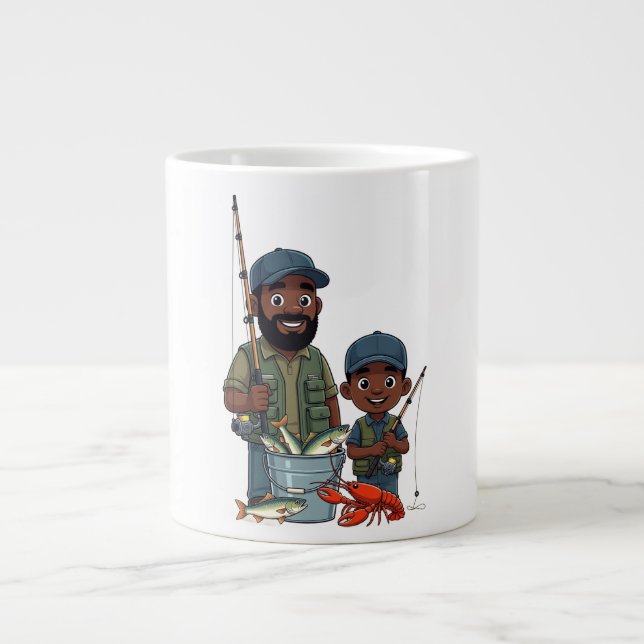 Afroamerikansk Pappa och Son Fiskar Jumbo Mugg (Framsidan)