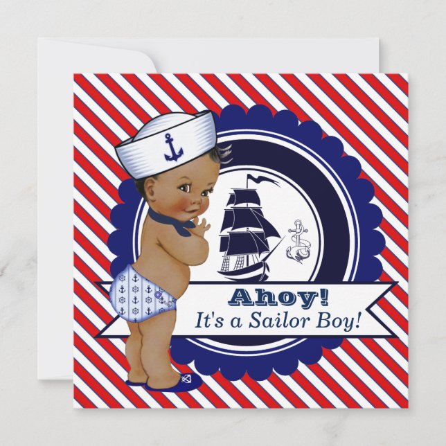 Afroamerikansk pojke nautisk baby shower inbjudningar (Framsida)