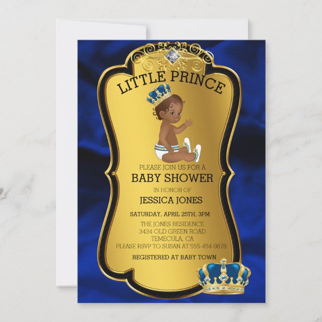 Afroamerikansk prins guld blå baby shower inbjudningar (Framsida)