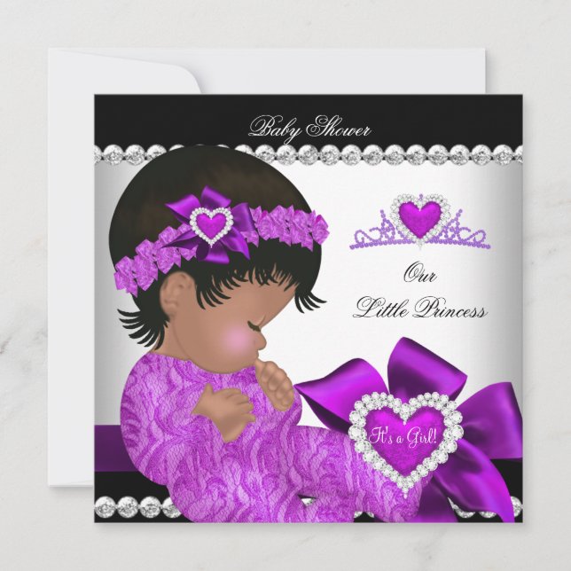 Afroamerikansk prinsessa baby shower flicka lila inbjudningar (Framsida)