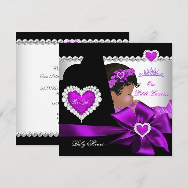 Afroamerikansk prinsessa baby shower flicka lila inbjudningar (Fram/baksida)