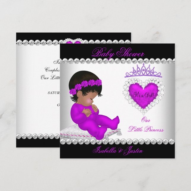 Afroamerikansk prinsessa baby shower flicka lila inbjudningar (Fram/baksida)