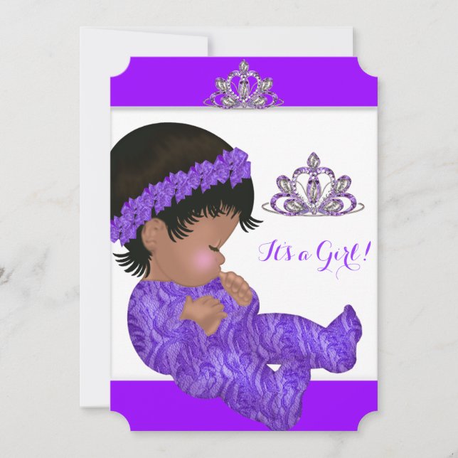 Afroamerikansk prinsessa baby shower flicka lila inbjudningar (Framsida)