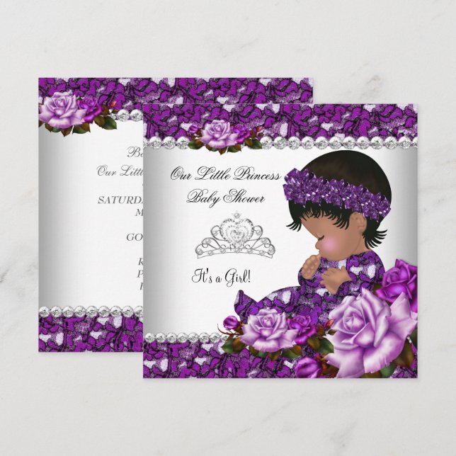 Afroamerikansk prinsessa baby shower flicka rose 2 inbjudningar (Fram/baksida)