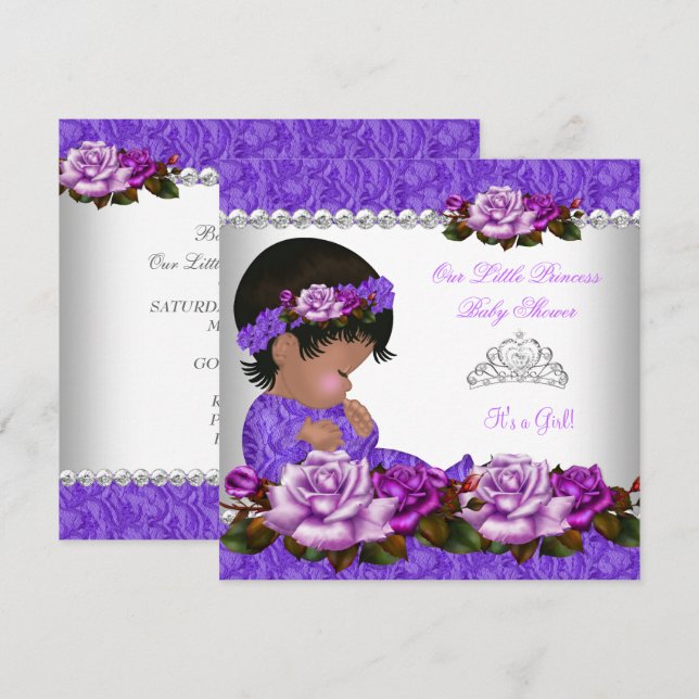 Afroamerikansk prinsessa baby shower flicka rose 3 inbjudningar (Fram/baksida)